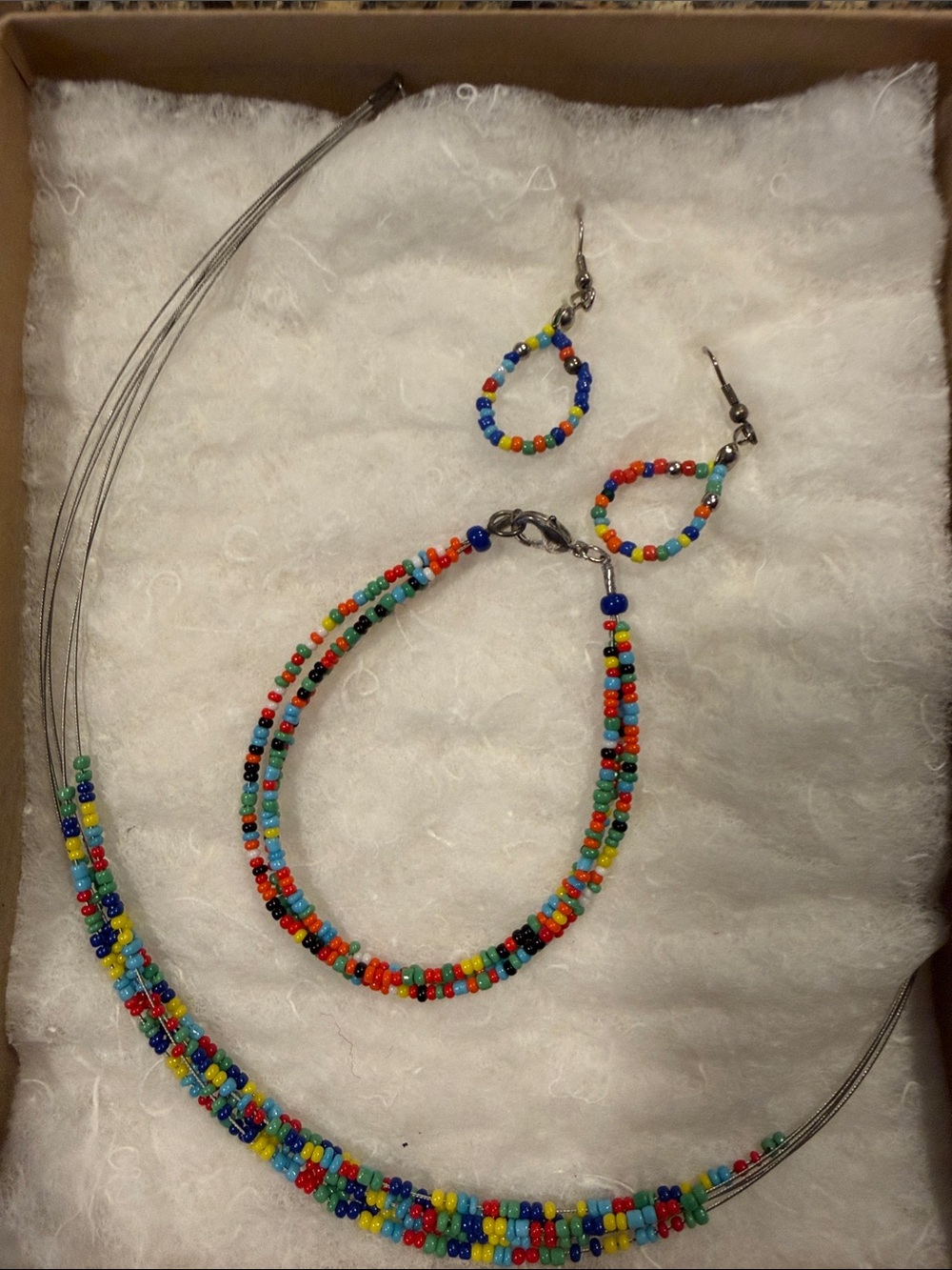 Multicolor Seed Bead Necklace, Bracelet & Earring Set